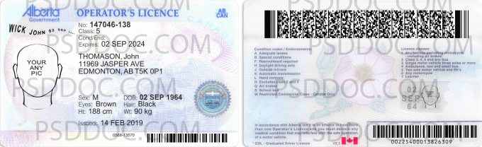 Canada Alberta Driver License Front Back Sides