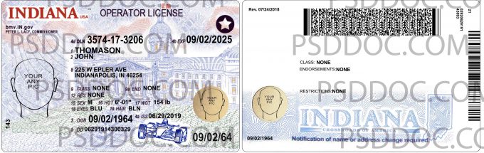 Usa Indiana Driver License Front Back Sides