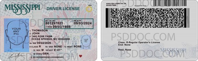 Usa Missisipi Driver License Front Back Sides