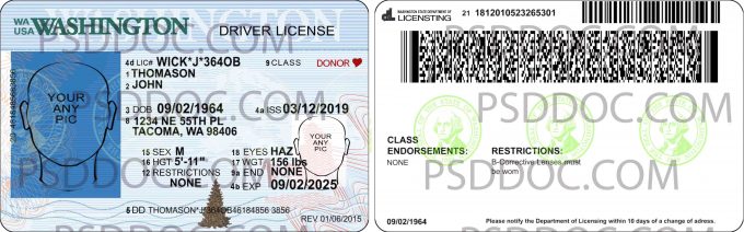 Usa Washington Driver License Front Back Sides