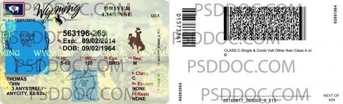 Usa Wyoming Driver License Front Back Sides